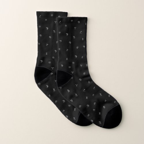 All White Small Zodiac Signs on Black Background 2 Socks