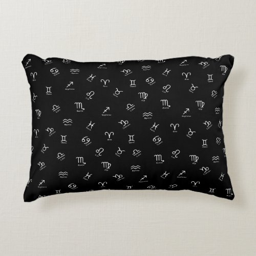All White Zodiac Signs on Black Background Accent Pillow