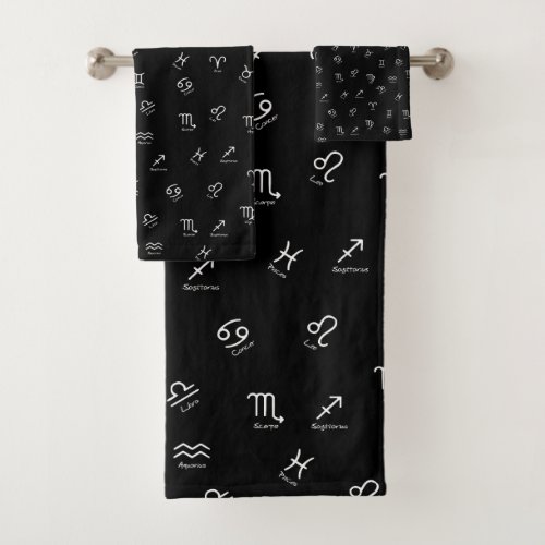 All White Zodiac Signs on Black Background Bath Towel Set