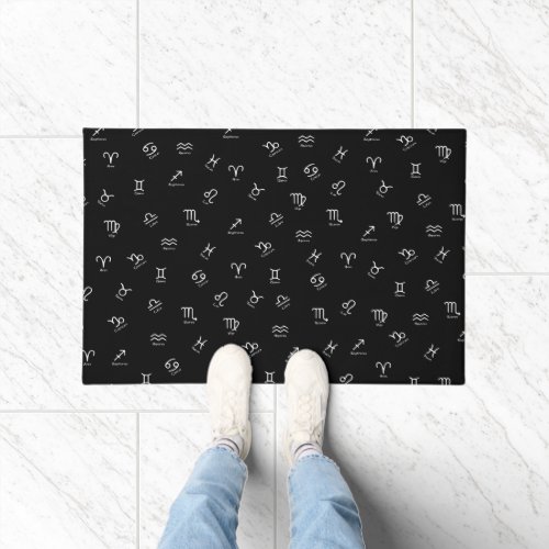 All White Zodiac Signs on Black Background Doormat