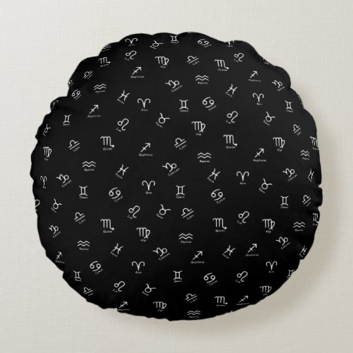 All White Zodiac Signs on Black Background Round Pillow