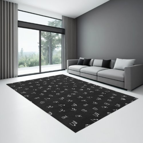 All White Zodiac Signs on Black Background Rug