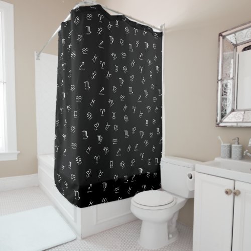 All White Zodiac Signs on Black Background Shower Curtain