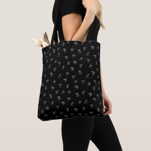 All White Zodiac Signs on Black Background Tote Bag