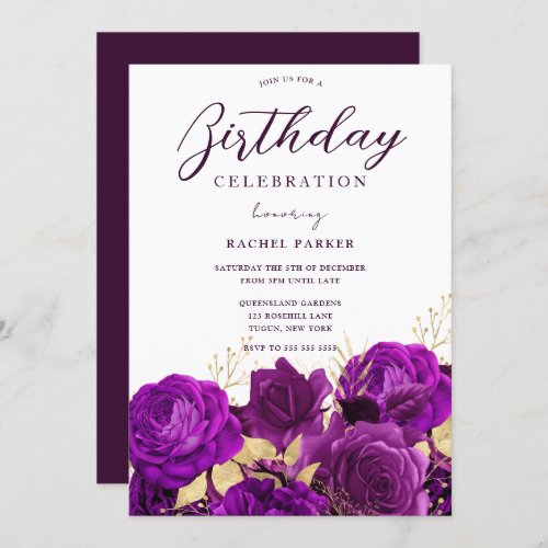 All Years Birthday Party Purple  Gold Floral Invitation