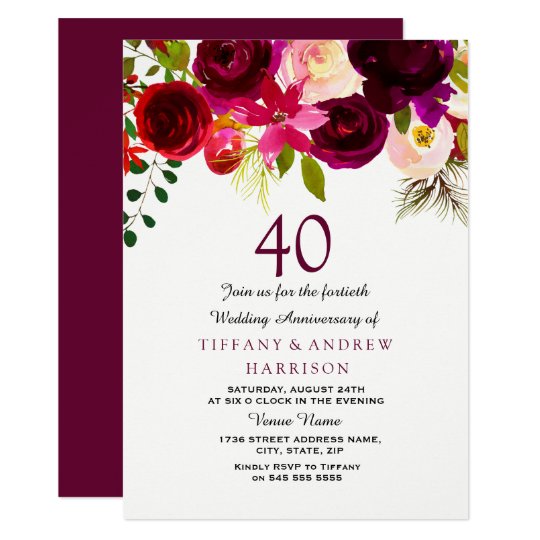 All Years Burgundy Fl 40th Wedding Anniversary Invitation All Years Burgundy Fl 40th Wedding Anniversary Invitation