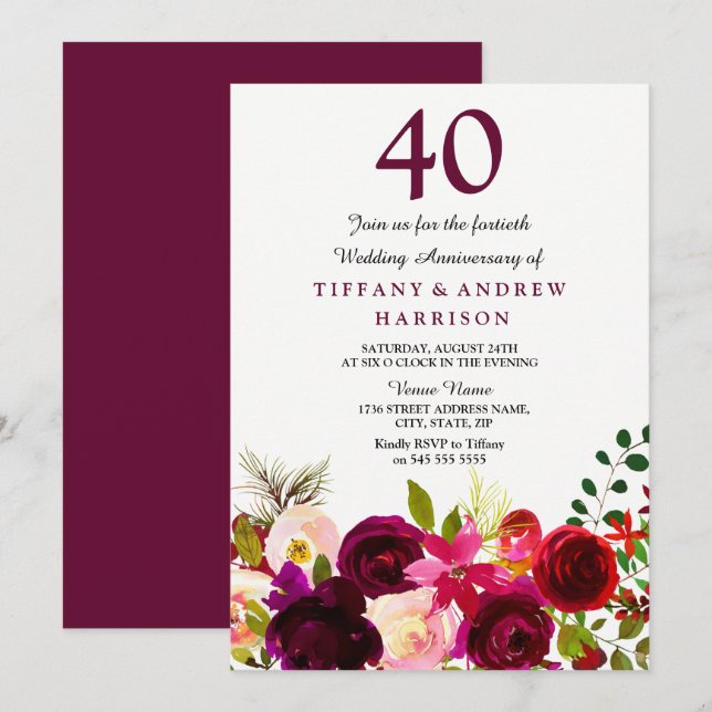 All Years Burgundy Red Wedding Anniversary Invite (Front/Back)