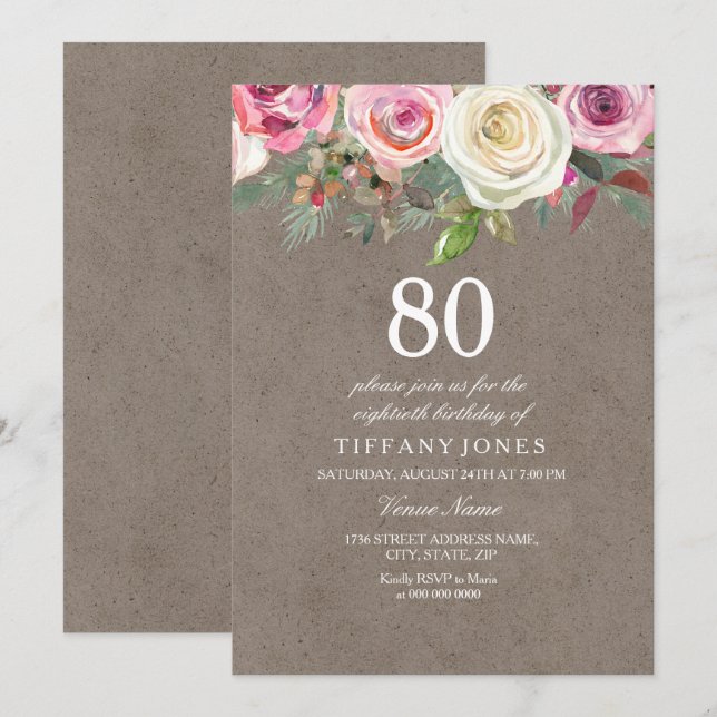 All Years Vintage White & Pink Roses Birthday Invitation (Front/Back)