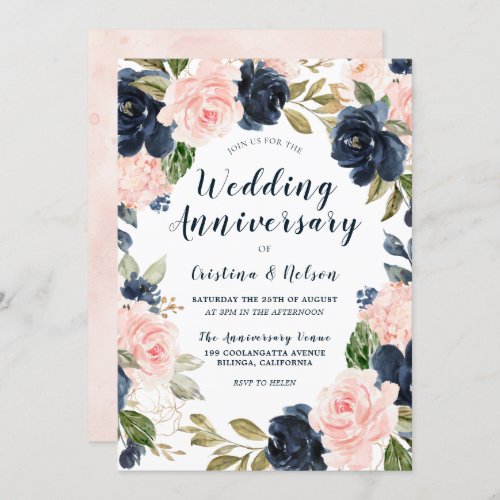 All Years Wedding Anniversary Blush Pink Navy Blue Invitation