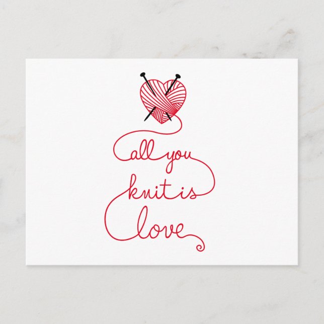 All you knit is love with heart shaped red yarn postcard (Front)