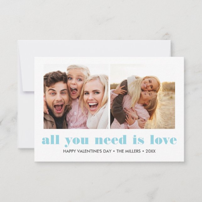 ALL YOU NEED IS LOVE 2 Photo Valentines Day BLUE Note Card (Front)