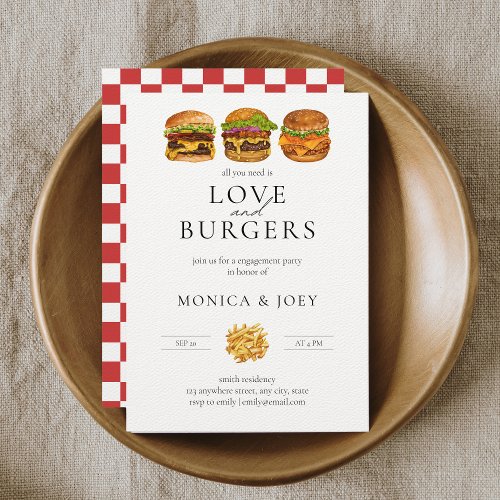 All you need is Love and Burgers Engagement Party Invitation