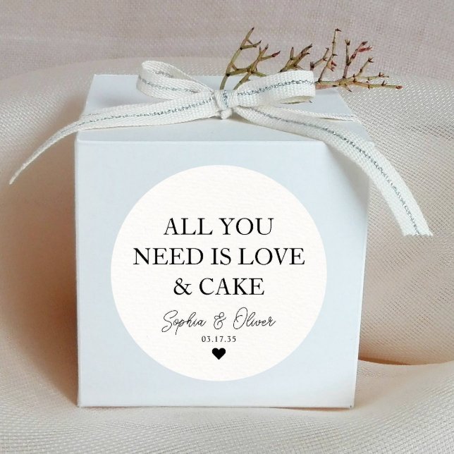 ALL YOU NEED IS LOVE AND CAKE Heart Wedding Favor Classic Round Sticker (Creator Uploaded)