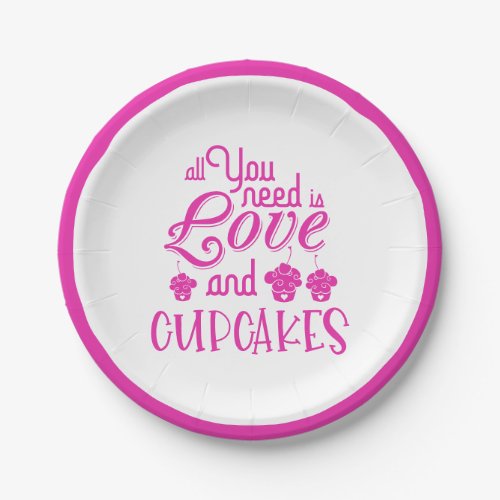 All You Need Is Love And Cupcakes Quote Neon Pink Paper Plates