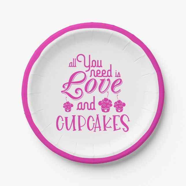 All You Need Is Love And Cupcakes Quote Neon Pink Paper Plates (Front)