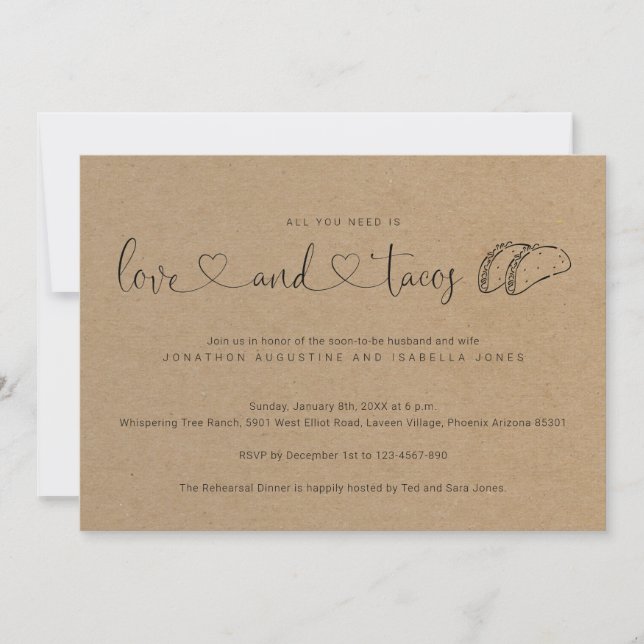All You Need is Love and Tacos Rehearsal Dinner Invitation (Front)