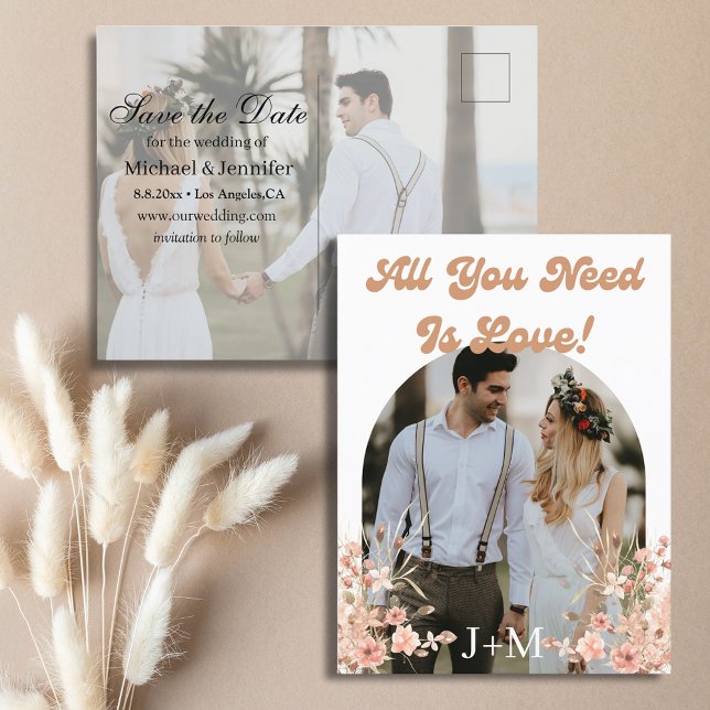 all you need is love,boho 2 photos save the date announcement postcard (Creator Uploaded)