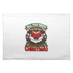 All You Need Is Love Christmas Santa Hats Hearts W Cloth Placemat