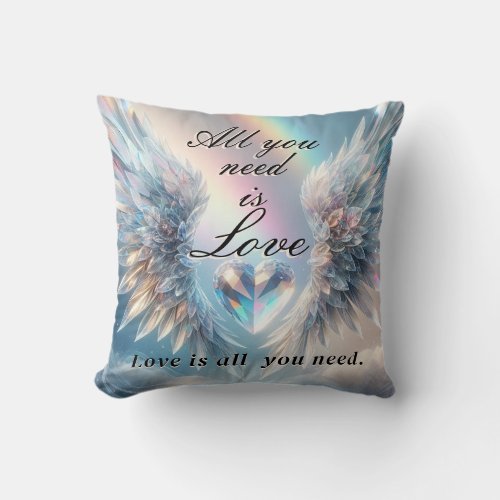 All You Need is Love Crystal Heart and Wings Throw Pillow