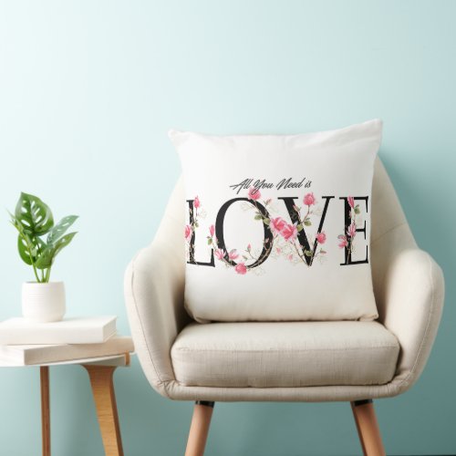 All You Need is Love Floral Alphabets Throw Pillow