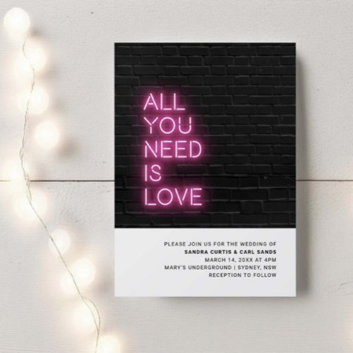 All you need is love Neon Glow Light Wedding Invit Invitation