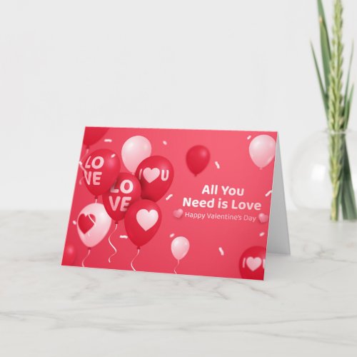 All You Need is Love Pink and Red Balloons Holiday Card