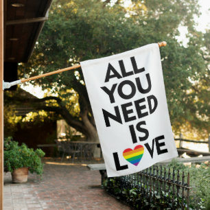 ALL YOU NEED IS LOVE RAINBOW HEART HOUSE FLAG