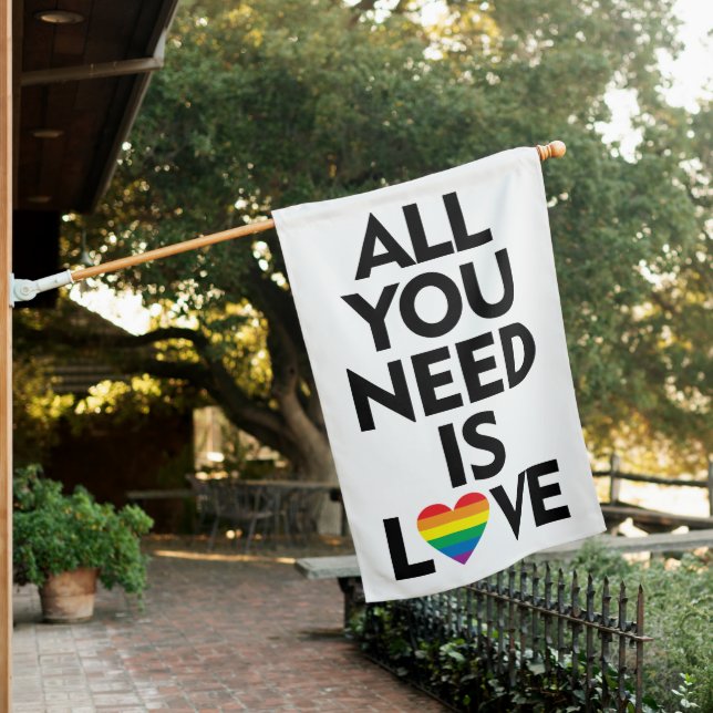 ALL YOU NEED IS LOVE RAINBOW HEART HOUSE FLAG (In SItu)