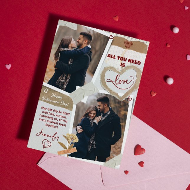 All You Need Is Love Valentines Day Photo Heart  Holiday Card (all you need is love valentines day cards modern couple cute typography boyfriend heart red unique)