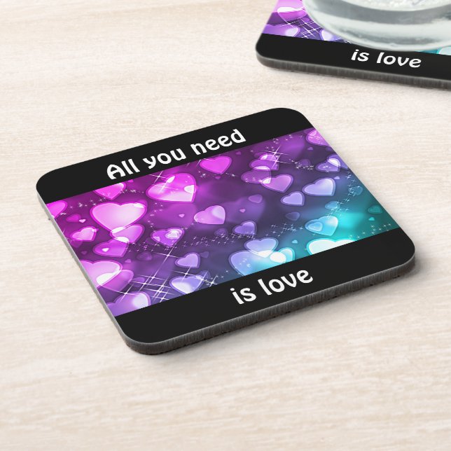 All You Need is Love with Pink & Purple Hearts Beverage Coaster (Left Side)