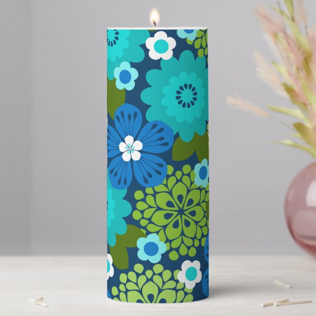 Allana Garden Hawaiian Graphical Bold Floral Blue Pillar Candle (In Situ)