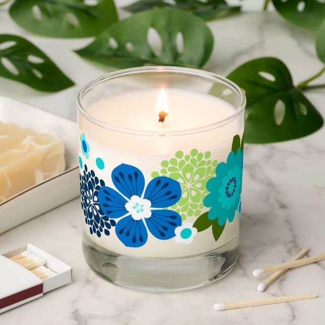 Allana Garden Hawaiian Graphical Bold Floral Blue Scented Candle (Lit)