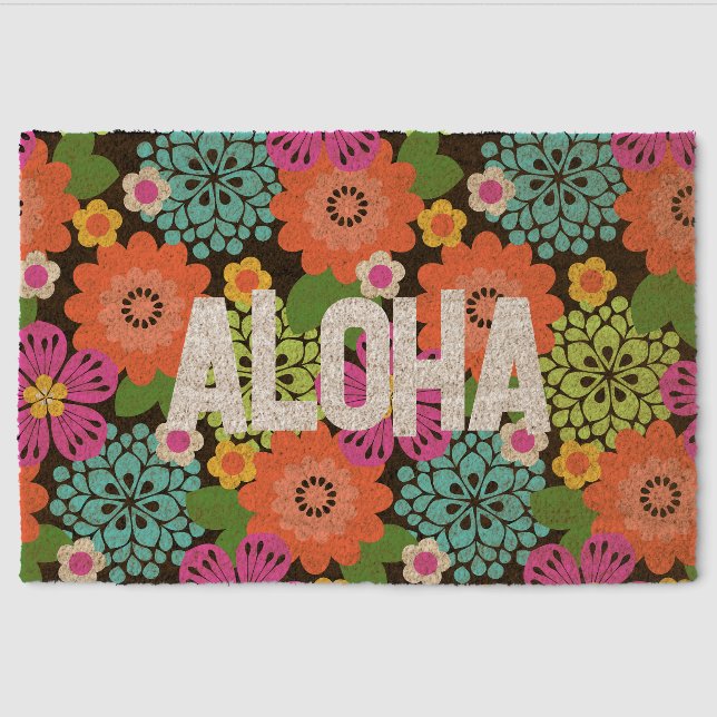 Allana Garden Hawaiian Graphical Floral - Black Fiber Doormat (Front)