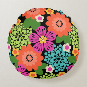 Allana Garden Hawaiian Graphical Floral - Black Round Pillow