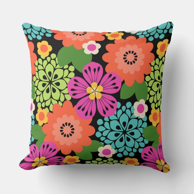 Allana Garden Hawaiian Graphical Floral - Black Throw Pillow (Front)