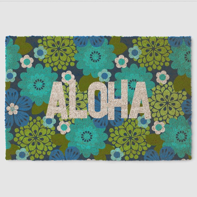 Allana Garden Hawaiian Graphical Floral -Blue Fiber Doormat (Front)