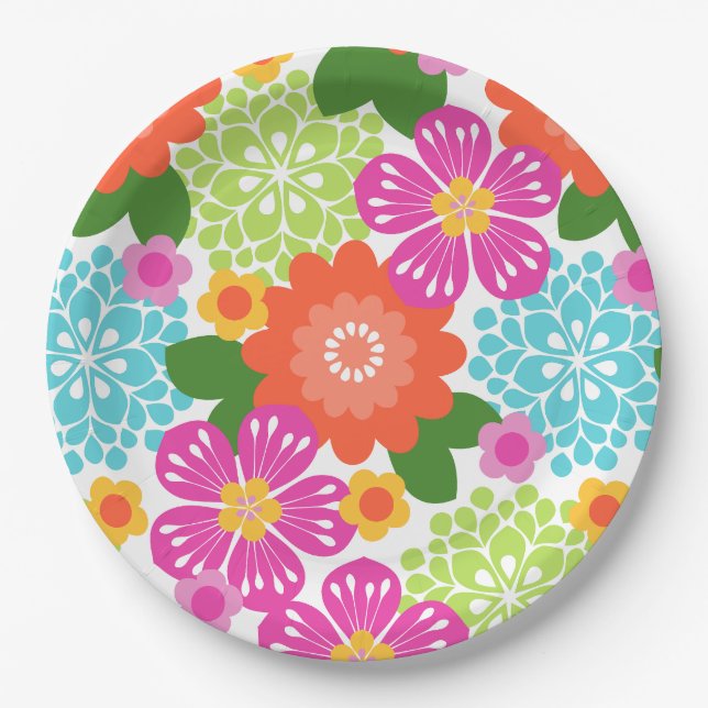 Allana Garden Hawaiian Graphical Floral - Brights Paper Plates (Front)