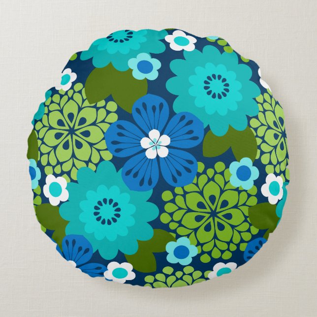 Allana Garden Hawaiian Graphical Floral - Navy Round Pillow (Front)