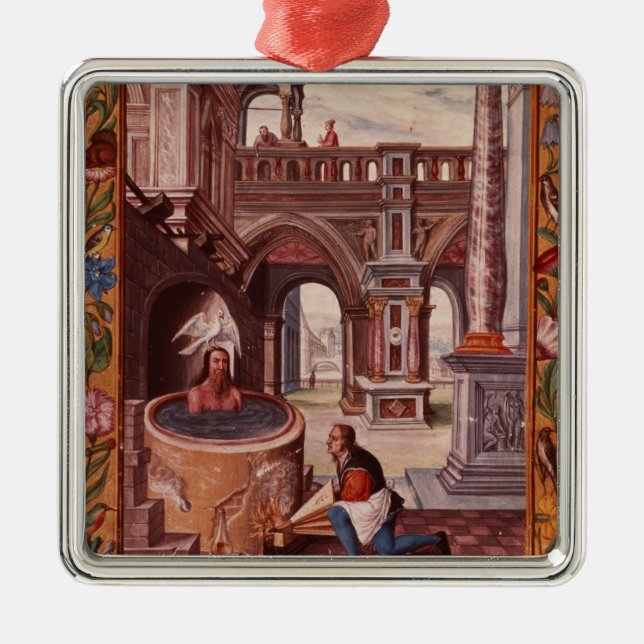 Allegorical illustration of an Alchemist at Metal Ornament (Front)
