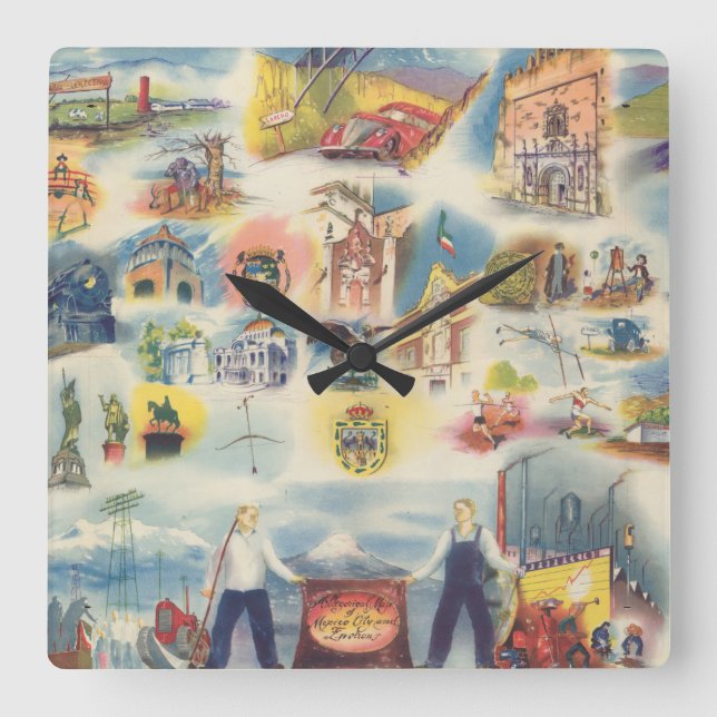 Allegorical map of Mexico City and Environs Square Wall Clock (Front)