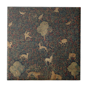 Allegorical Millefleurs Tapestry with Animals Ceramic Tile