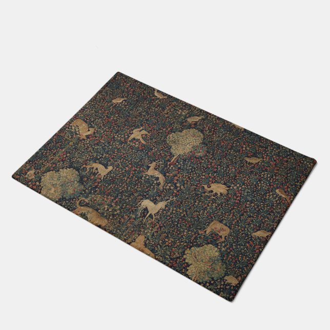 Allegorical Millefleurs Tapestry with Animals Doormat (Angled)