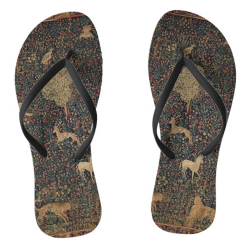 Allegorical Millefleurs Tapestry with Animals Flip Flops