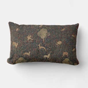 Allegorical Millefleurs Tapestry with Animals Lumbar Pillow