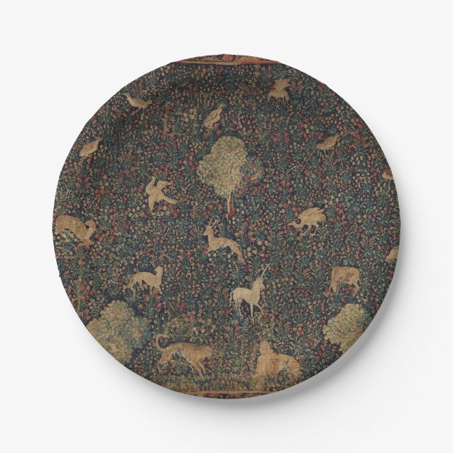 Allegorical Millefleurs Tapestry with Animals Paper Plates (Front)