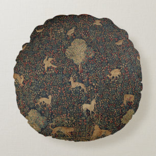 Allegorical Millefleurs Tapestry with Animals Round Pillow