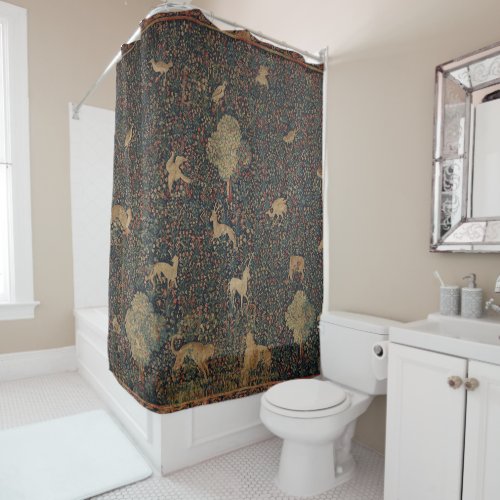 Allegorical Millefleurs Tapestry with Animals Shower Curtain