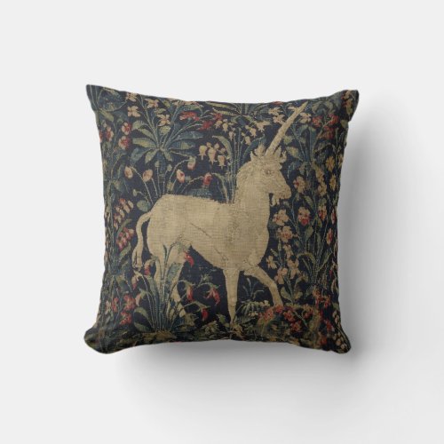 Allegorical Millefleurs Tapestry with Animals Throw Pillow