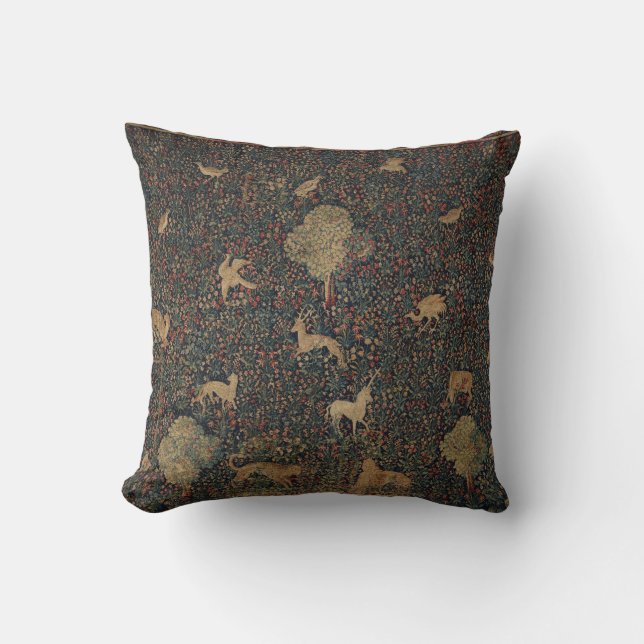 Allegorical Millefleurs Tapestry with Animals Throw Pillow (Front)