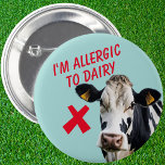 Allergic to Dairy intolerance food allergy lactose Button<br><div class="desc">A pin button to help remind people that you are allergic to dairy. This is very handy to stop you accidentally being given dairy products,  or lactose foods and drinks when you have an allergy or intolerance to this food type.</div>